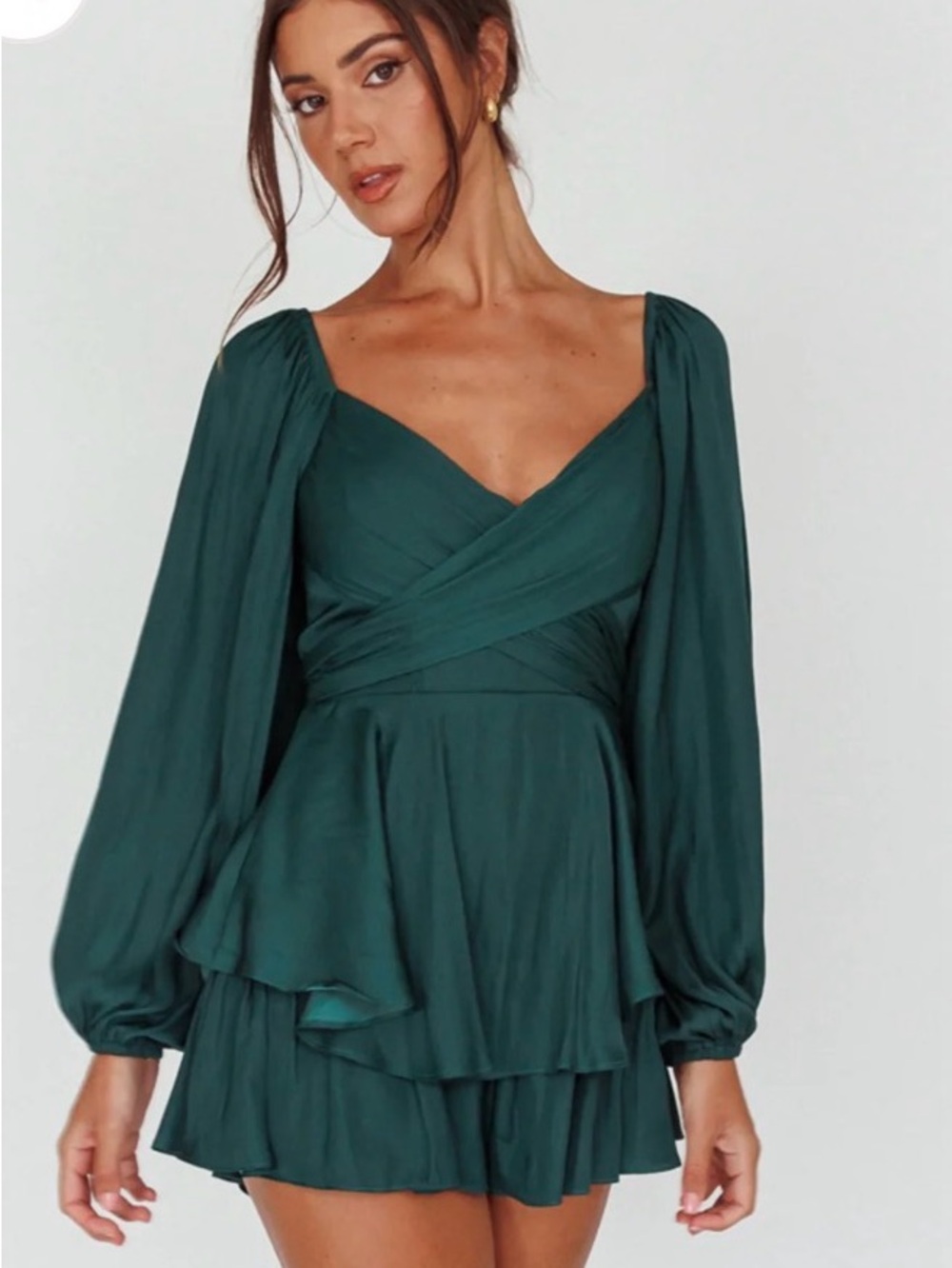 saints + secrets Deep Forest Green Long-Sleeve Wrap Romper, Size Small